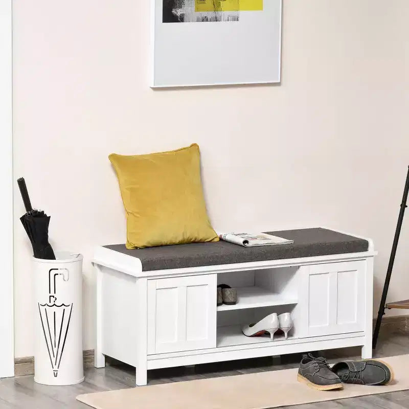 Banc à chaussures d'entrée avec portes coulissantes, étagères réglables à 6 compartiments et siège rembourré