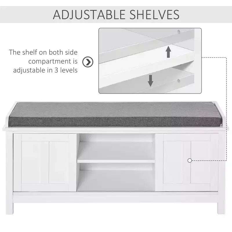 Banc à chaussures d'entrée avec portes coulissantes, étagères réglables à 6 compartiments et siège rembourré
