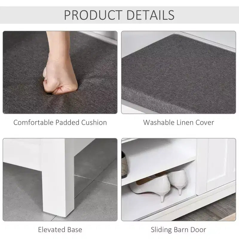 Banc à chaussures d'entrée avec portes coulissantes, étagères réglables à 6 compartiments et siège rembourré