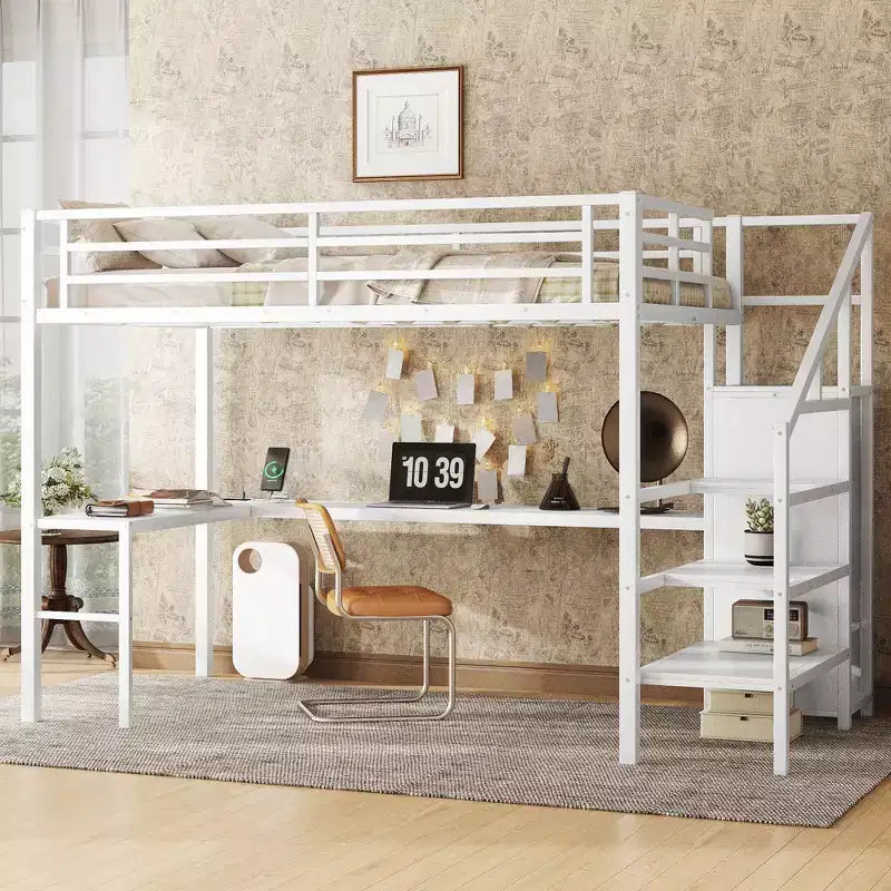 Lit mezzanine grand format avec bureau en L et USB Lit mezzanine en métal avec armoire et étagère réglable Blanc