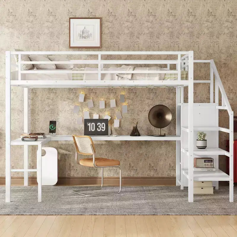 Lit mezzanine grand format avec bureau en L et USB Lit mezzanine en métal avec armoire et étagère réglable Blanc