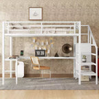 Lit mezzanine grand format avec bureau en L et USB Lit mezzanine en métal avec armoire et étagère réglable Blanc