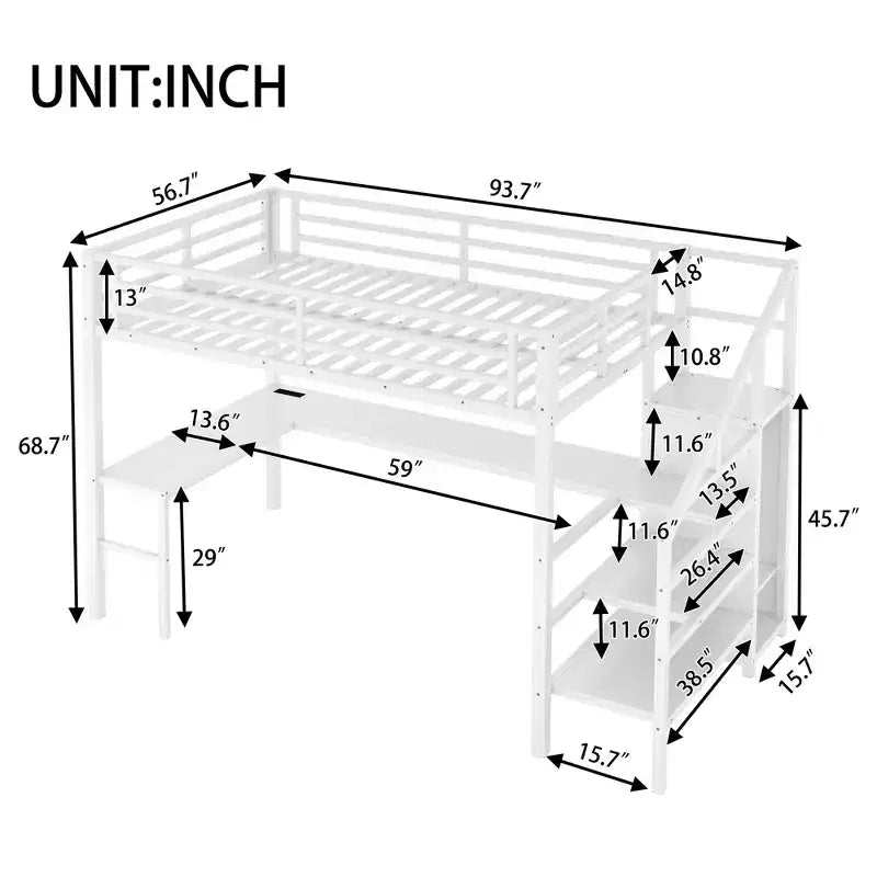 Lit mezzanine grand format avec bureau en L et USB Lit mezzanine en métal avec armoire et étagère réglable Blanc