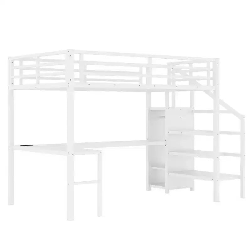 Lit mezzanine grand format avec bureau en L et USB Lit mezzanine en métal avec armoire et étagère réglable Blanc