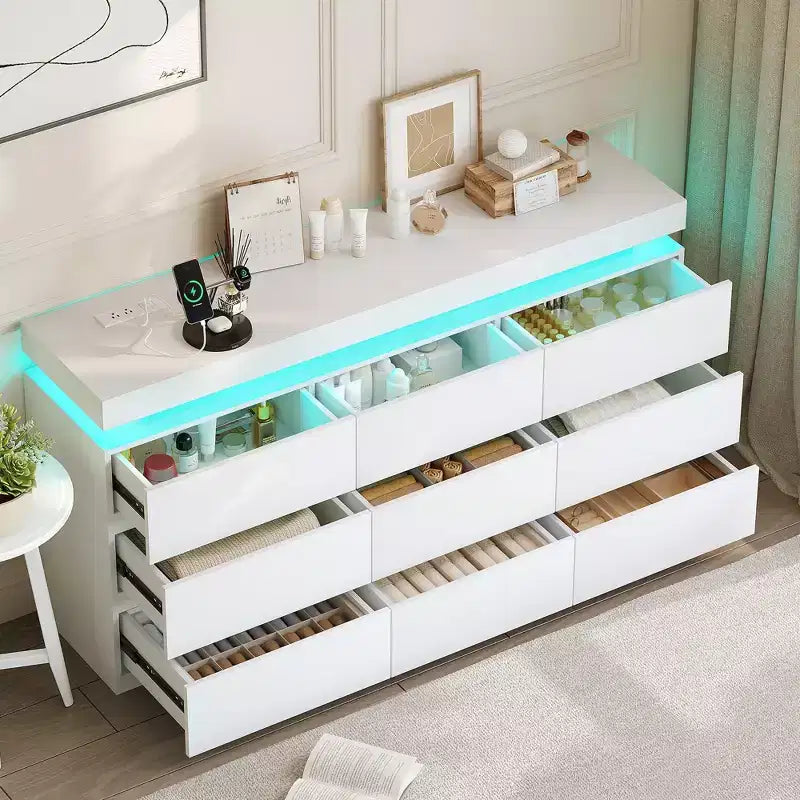 Coiffeuse moderne à 9 tiroirs avec plateau coulissant, comprenant des tiroirs, un organisateur pour la chambre, le placard et le salon
