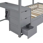 Lit superposé avec lit gigogne et bureau, cadre de lit superposé en bois massif avec tiroirs de rangement et étagères pour chambre d'enfants et d'adultes