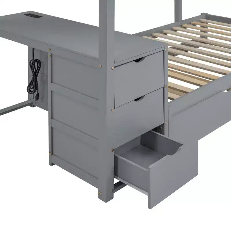 Lit superposé avec lit gigogne et bureau, cadre de lit superposé en bois massif avec tiroirs de rangement et étagères pour chambre d'enfants et d'adultes