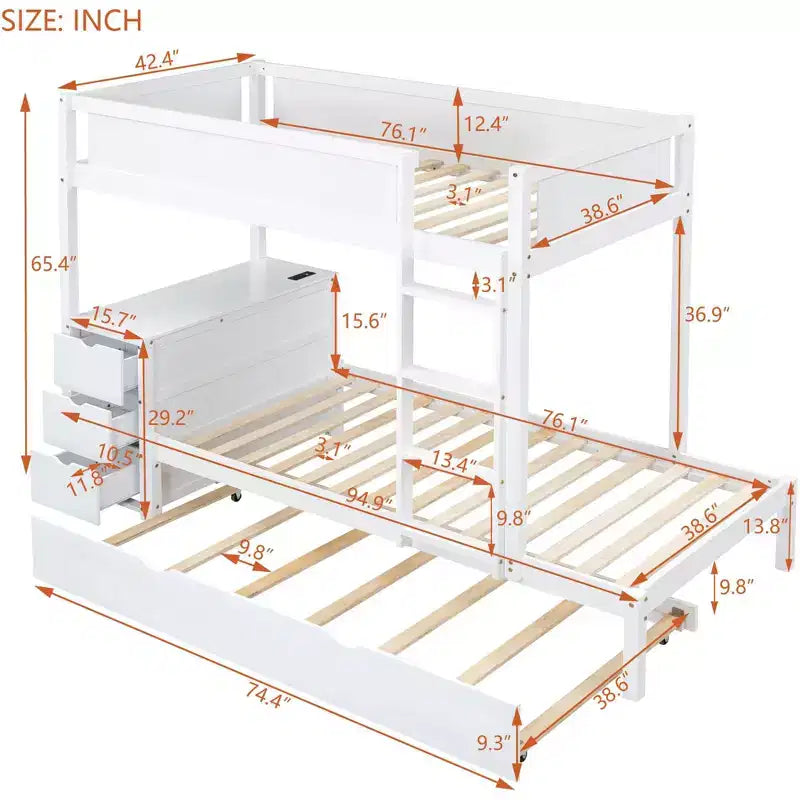 Lit superposé avec lit gigogne et bureau, cadre de lit superposé en bois massif avec tiroirs de rangement et étagères pour chambre d'enfants et d'adultes