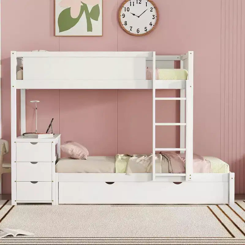 Lit superposé avec lit gigogne et bureau, cadre de lit superposé en bois massif avec tiroirs de rangement et étagères pour chambre d'enfants et d'adultes