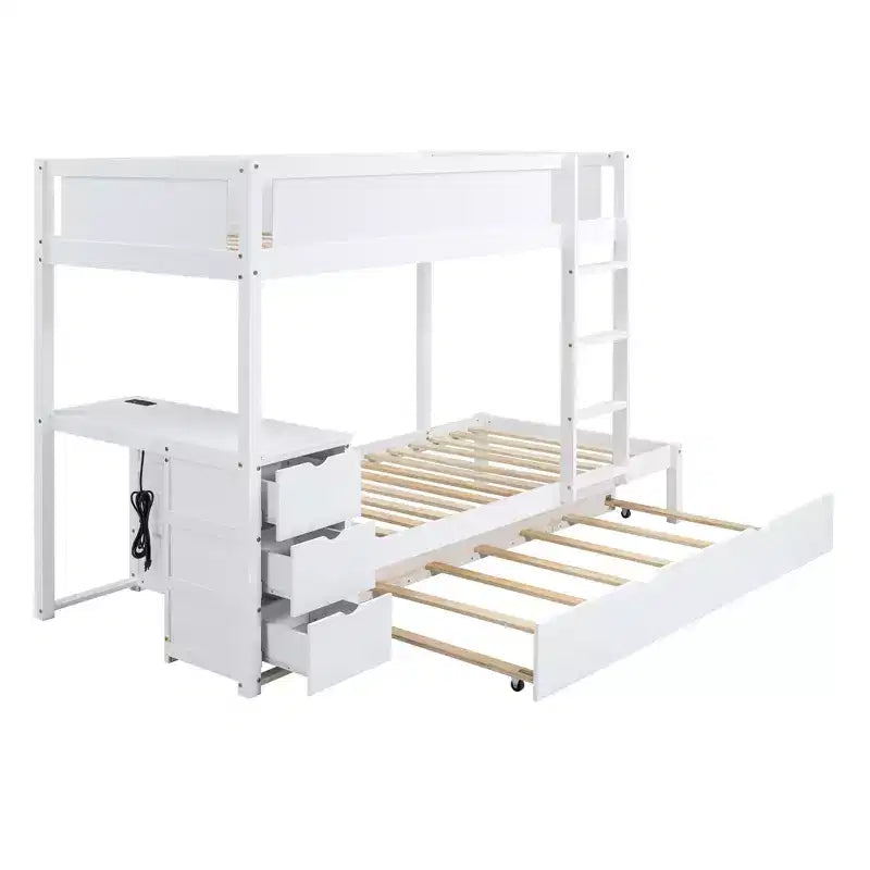 Lit superposé avec lit gigogne et bureau, cadre de lit superposé en bois massif avec tiroirs de rangement et étagères pour chambre d'enfants et d'adultes