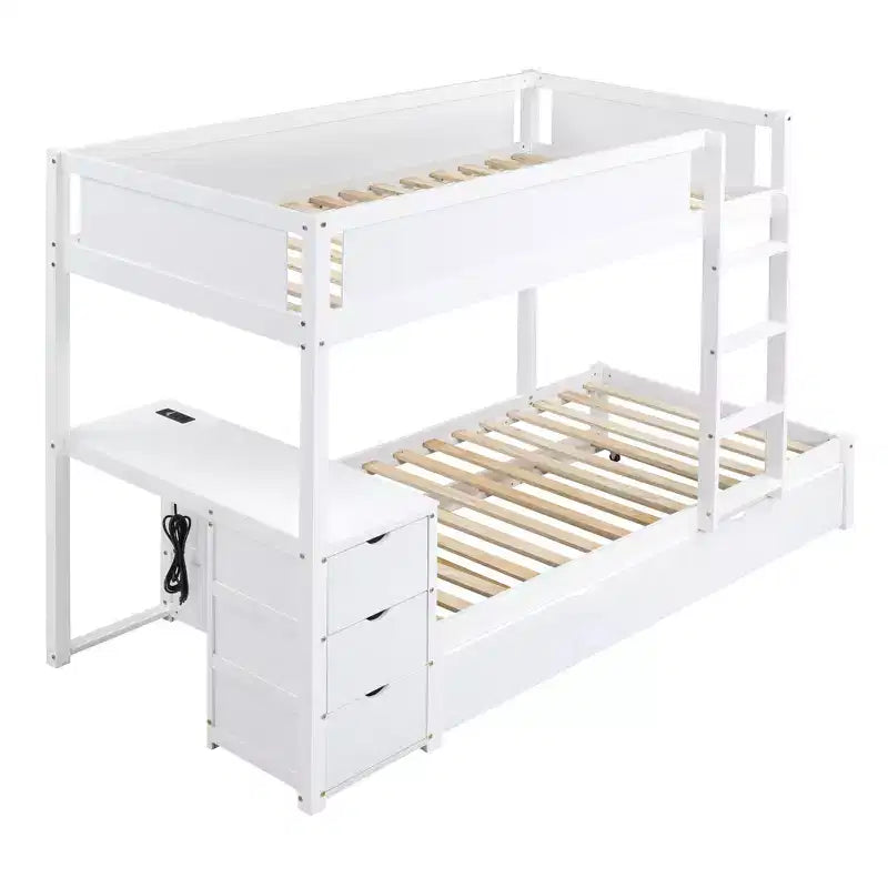Lit superposé avec lit gigogne et bureau, cadre de lit superposé en bois massif avec tiroirs de rangement et étagères pour chambre d'enfants et d'adultes