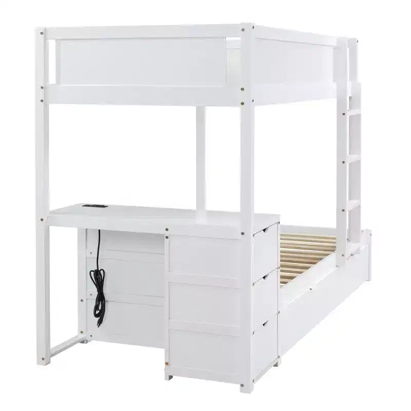 Lit superposé avec lit gigogne et bureau, cadre de lit superposé en bois massif avec tiroirs de rangement et étagères pour chambre d'enfants et d'adultes