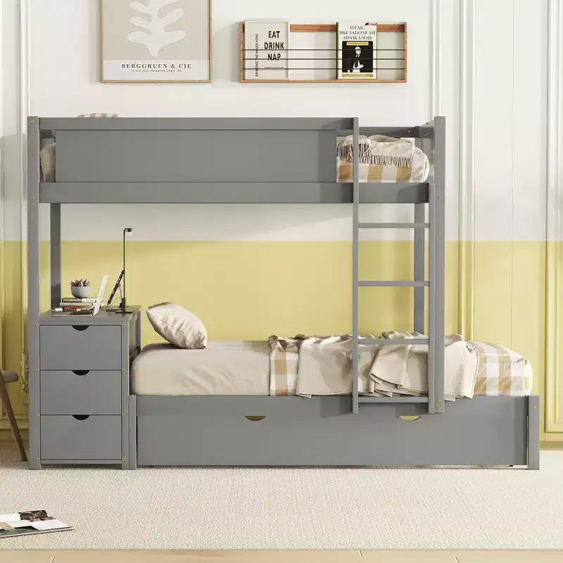 Lit superposé avec lit gigogne et bureau, cadre de lit superposé en bois massif avec tiroirs de rangement et étagères pour chambre d'enfants et d'adultes