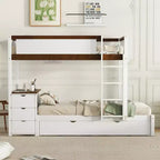 Lit superposé avec lit gigogne et bureau, cadre de lit superposé en bois massif avec tiroirs de rangement et étagères pour chambre d'enfants et d'adultes