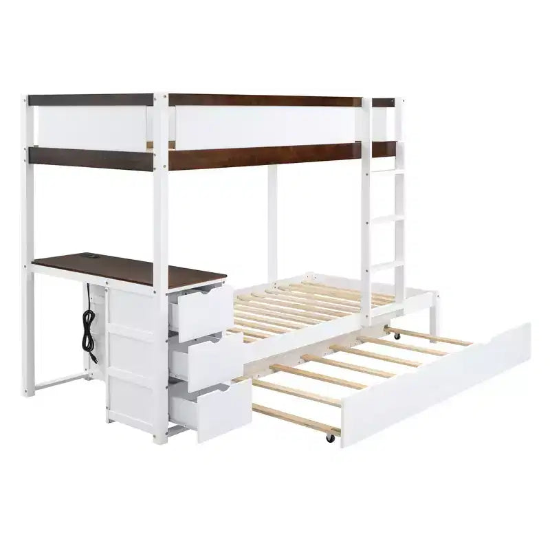 Lit superposé avec lit gigogne et bureau, cadre de lit superposé en bois massif avec tiroirs de rangement et étagères pour chambre d'enfants et d'adultes