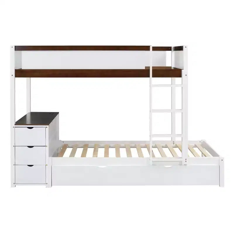 Lit superposé avec lit gigogne et bureau, cadre de lit superposé en bois massif avec tiroirs de rangement et étagères pour chambre d'enfants et d'adultes