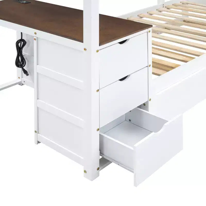 Lit superposé avec lit gigogne et bureau, cadre de lit superposé en bois massif avec tiroirs de rangement et étagères pour chambre d'enfants et d'adultes
