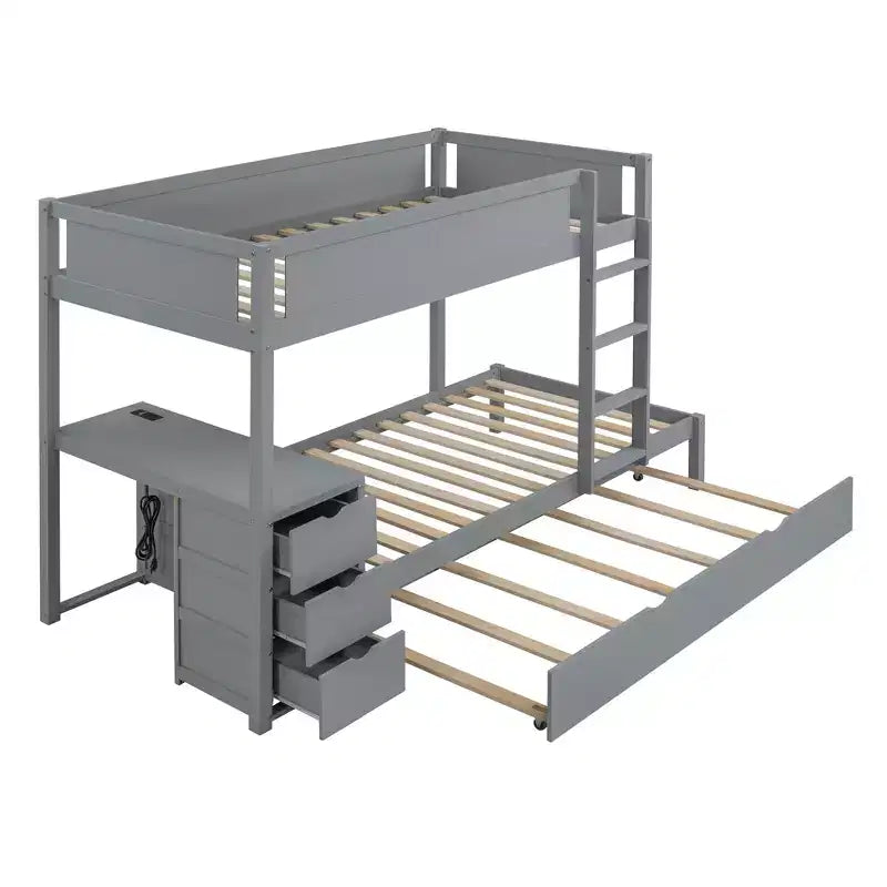 Lit superposé avec lit gigogne et bureau, cadre de lit superposé en bois massif avec tiroirs de rangement et étagères pour chambre d'enfants et d'adultes
