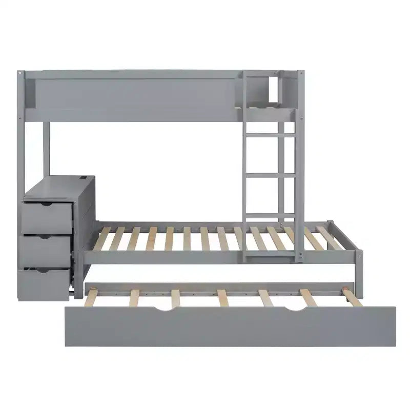 Lit superposé avec lit gigogne et bureau, cadre de lit superposé en bois massif avec tiroirs de rangement et étagères pour chambre d'enfants et d'adultes