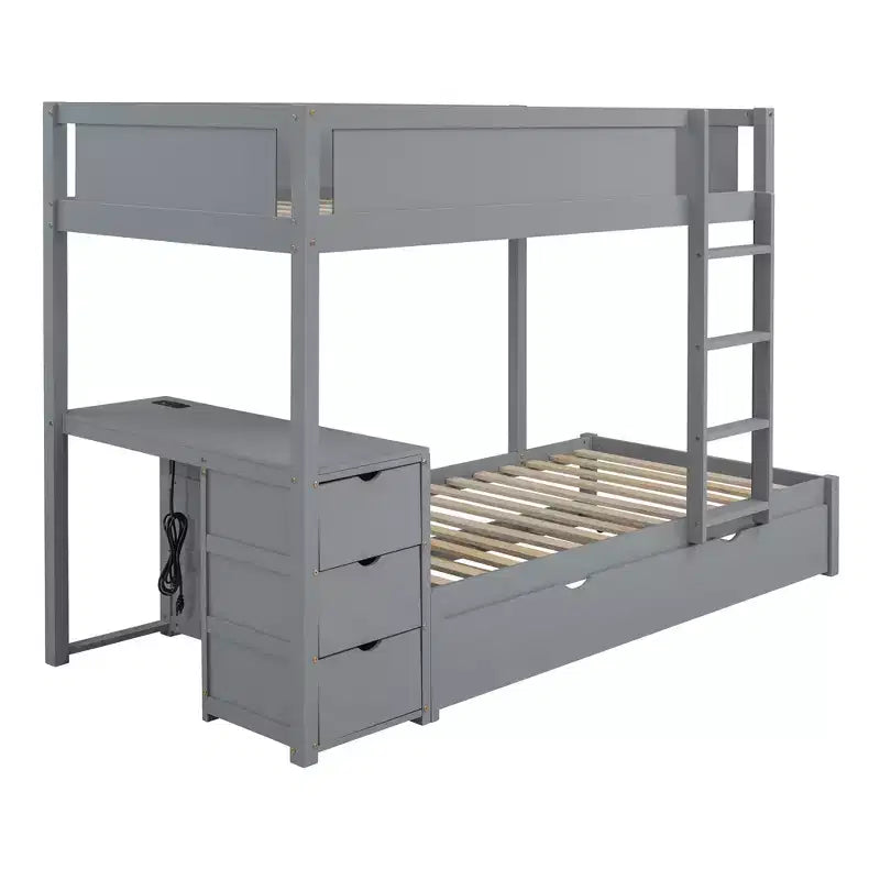 Lit superposé avec lit gigogne et bureau, cadre de lit superposé en bois massif avec tiroirs de rangement et étagères pour chambre d'enfants et d'adultes