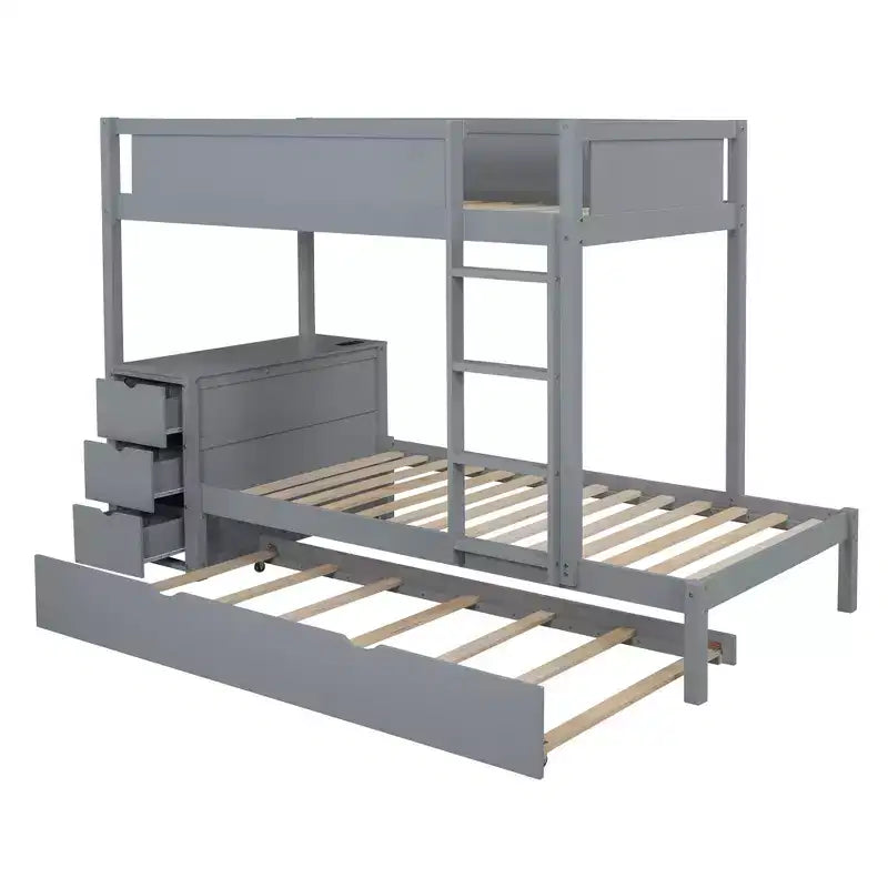 Lit superposé avec lit gigogne et bureau, cadre de lit superposé en bois massif avec tiroirs de rangement et étagères pour chambre d'enfants et d'adultes