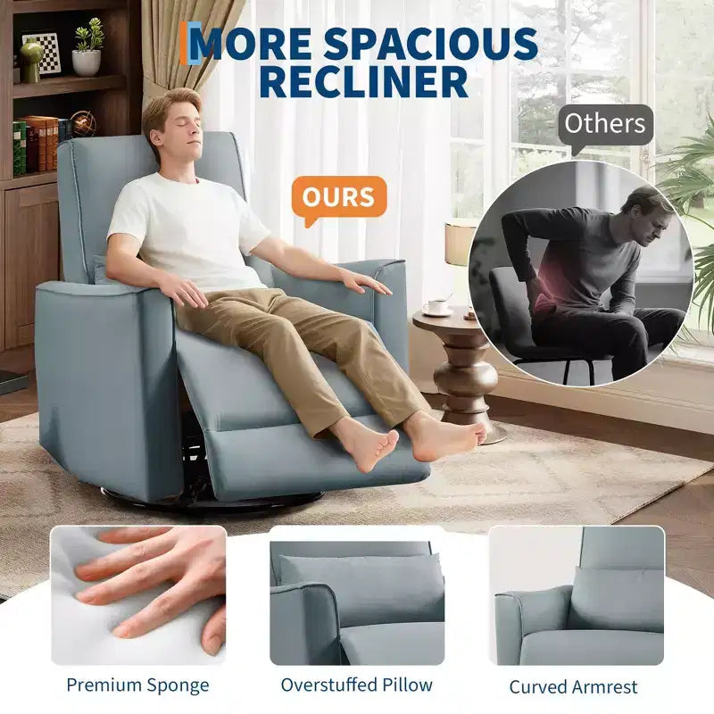 Fauteuil inclinable pivotant surdimensionné, fauteuil inclinable à bascule manuel en similicuir, canapé inclinable profond avec dossier haut