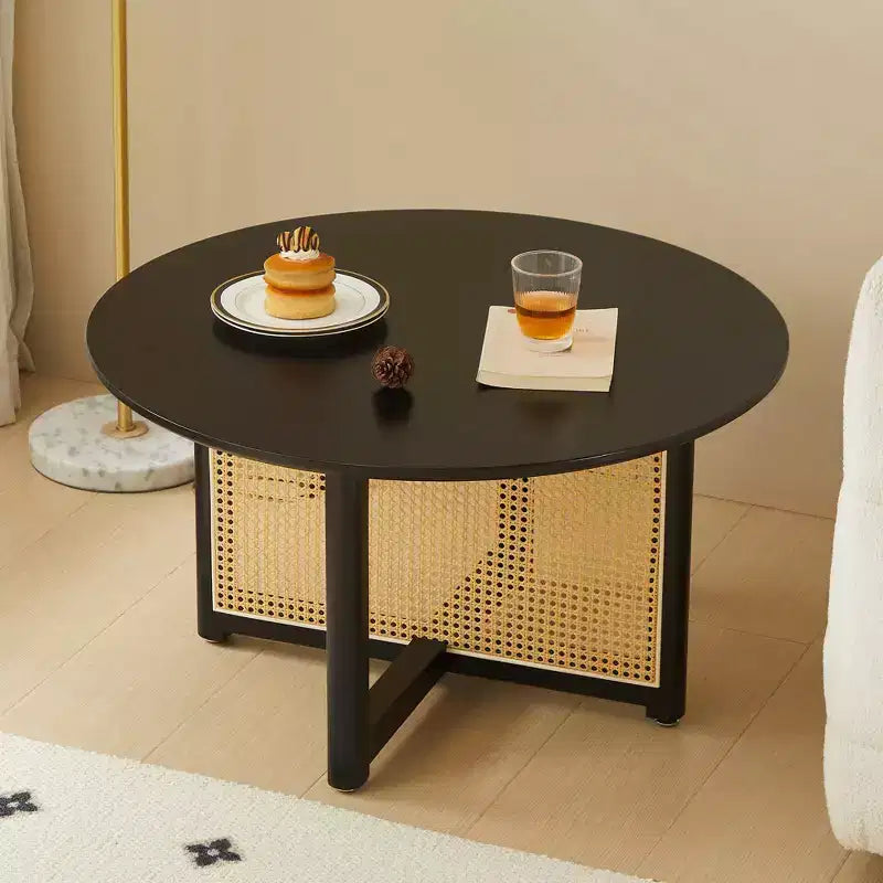 Table basse ronde en rotin et bois d'hévéa, style moderne du milieu du siècle