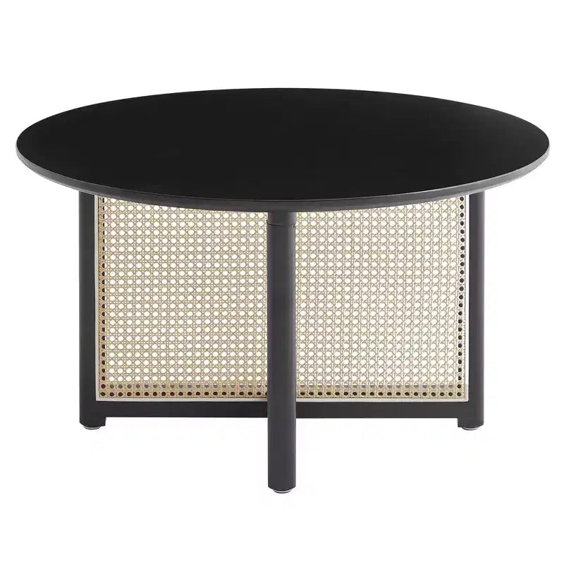 Table basse ronde en rotin et bois d'hévéa, style moderne du milieu du siècle