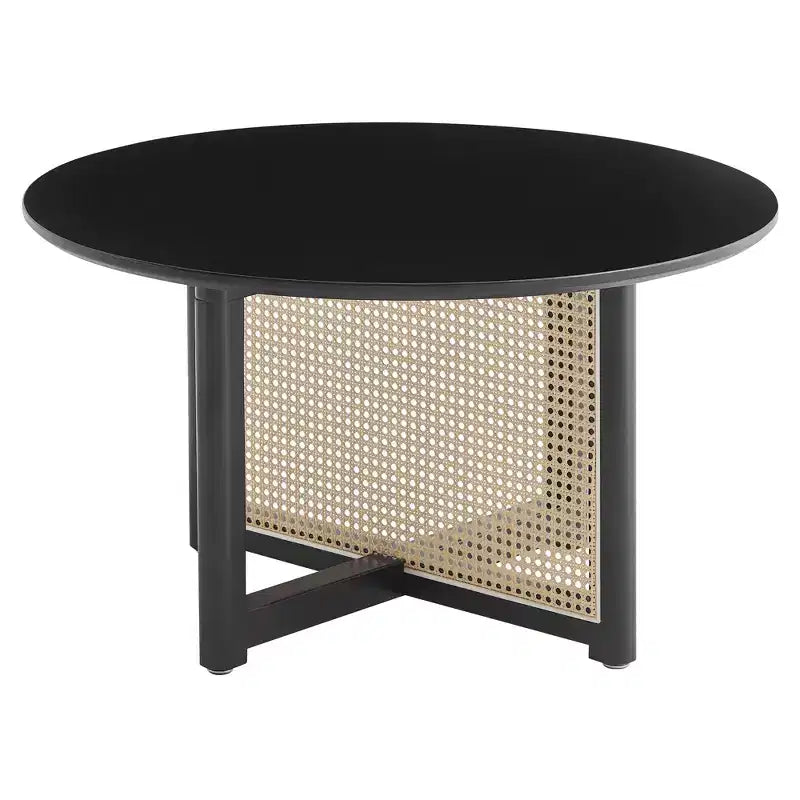 Table basse ronde en rotin et bois d'hévéa, style moderne du milieu du siècle