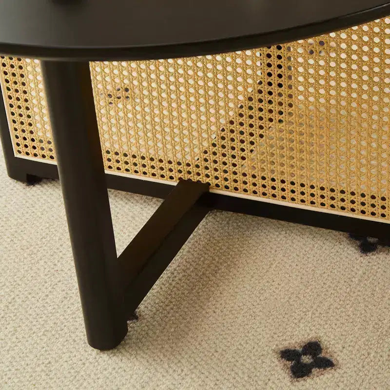 Table basse ronde en rotin et bois d'hévéa, style moderne du milieu du siècle