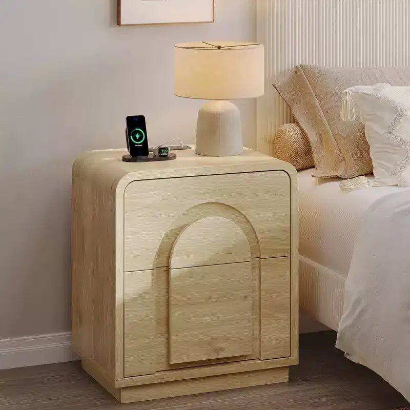 Bestier Nightstand with Charging Station, Modern LED End Tables with 2 Drawers, Boho Bedside Table with Storage for Bedroom & Living Room, Natural Oak