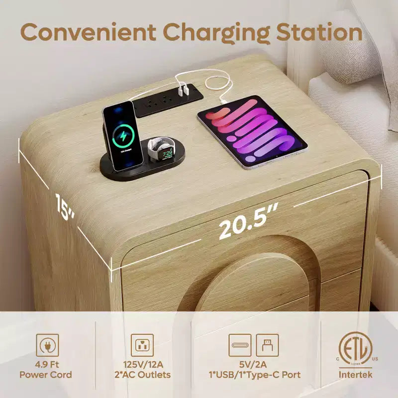 Table de chevet avec station de recharge, tables d'appoint LED modernes avec 2 tiroirs, table de chevet bohème avec rangement pour chambre et salon, chêne naturel