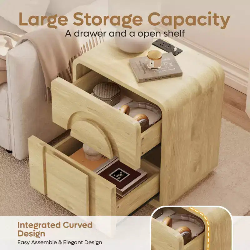 Table de chevet avec station de recharge, tables d'appoint LED modernes avec 2 tiroirs, table de chevet bohème avec rangement pour chambre et salon, chêne naturel