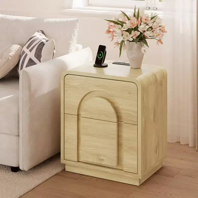 Table de chevet avec station de recharge, tables d'appoint LED modernes avec 2 tiroirs, table de chevet bohème avec rangement pour chambre et salon, chêne naturel