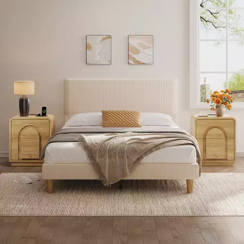 Table de chevet avec station de recharge, tables d'appoint LED modernes avec 2 tiroirs, table de chevet bohème avec rangement pour chambre et salon, chêne naturel