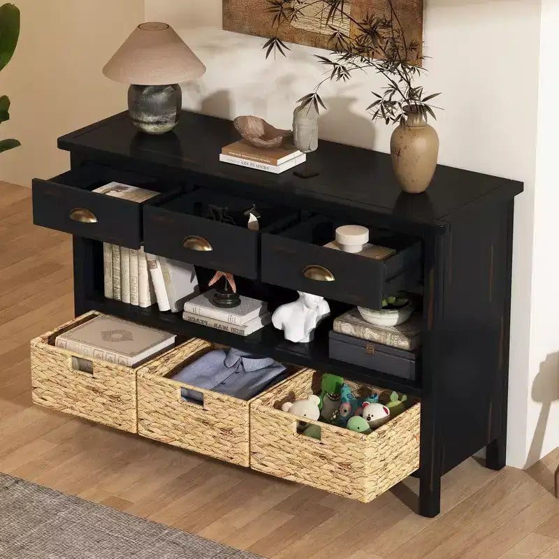 Meuble console rétro, buffet avec 6 tiroirs de rangement et 1 étagère ouverte, meuble de rangement pour salon, entrée, couloir