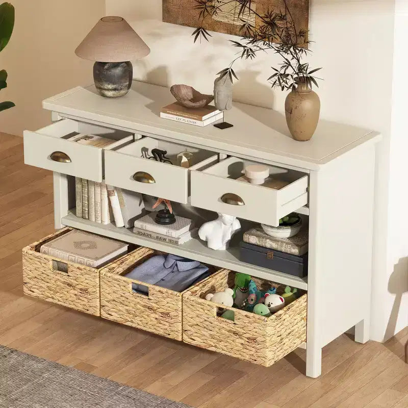 Meuble console rétro, buffet avec 6 tiroirs de rangement et 1 étagère ouverte, meuble de rangement pour salon, entrée, couloir