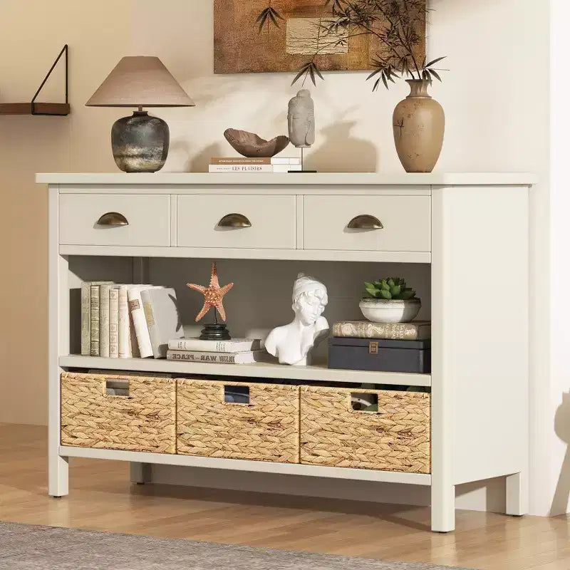 Meuble console rétro, buffet avec 6 tiroirs de rangement et 1 étagère ouverte, meuble de rangement pour salon, entrée, couloir