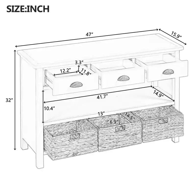 Meuble console rétro, buffet avec 6 tiroirs de rangement et 1 étagère ouverte, meuble de rangement pour salon, entrée, couloir