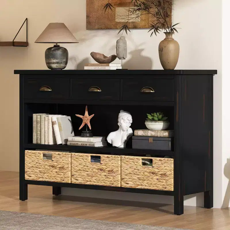 Meuble console rétro, buffet avec 6 tiroirs de rangement et 1 étagère ouverte, meuble de rangement pour salon, entrée, couloir