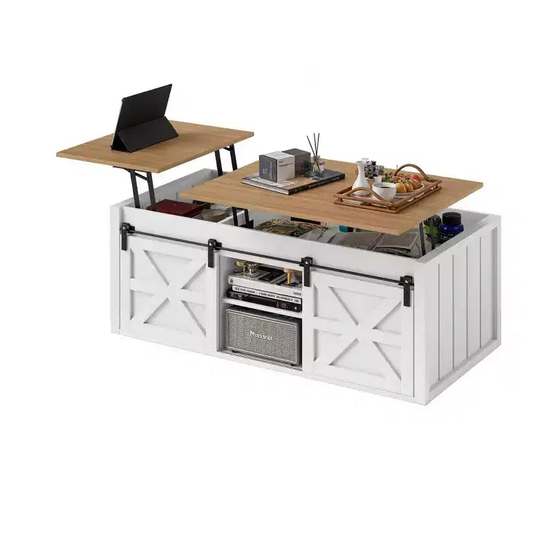 Table Basse Relevable 122 cm Style Ferme avec Porte Coulissante Gain de Place pour Salon
