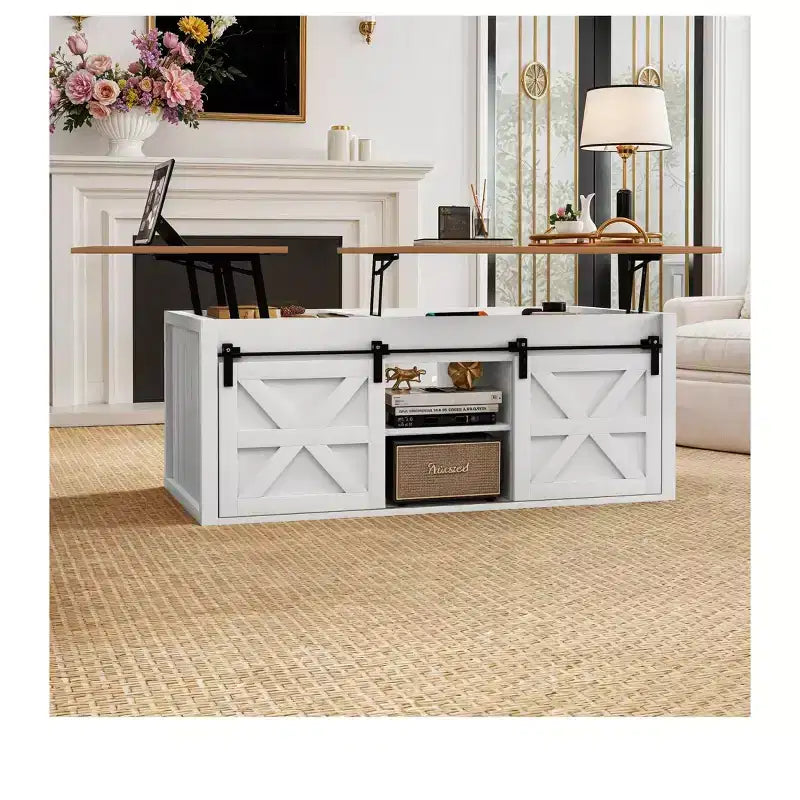 Table Basse Relevable 122 cm Style Ferme avec Porte Coulissante Gain de Place pour Salon