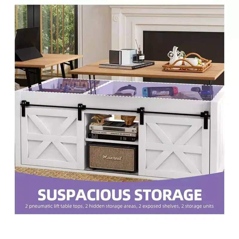 Table Basse Relevable 122 cm Style Ferme avec Porte Coulissante Gain de Place pour Salon