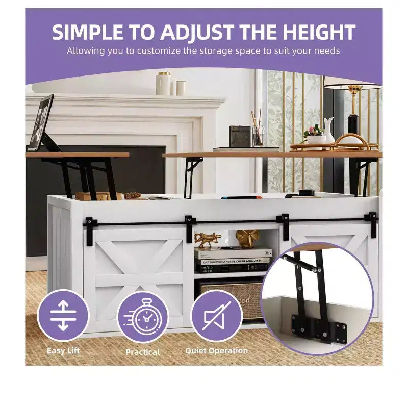 Table Basse Relevable 122 cm Style Ferme avec Porte Coulissante Gain de Place pour Salon