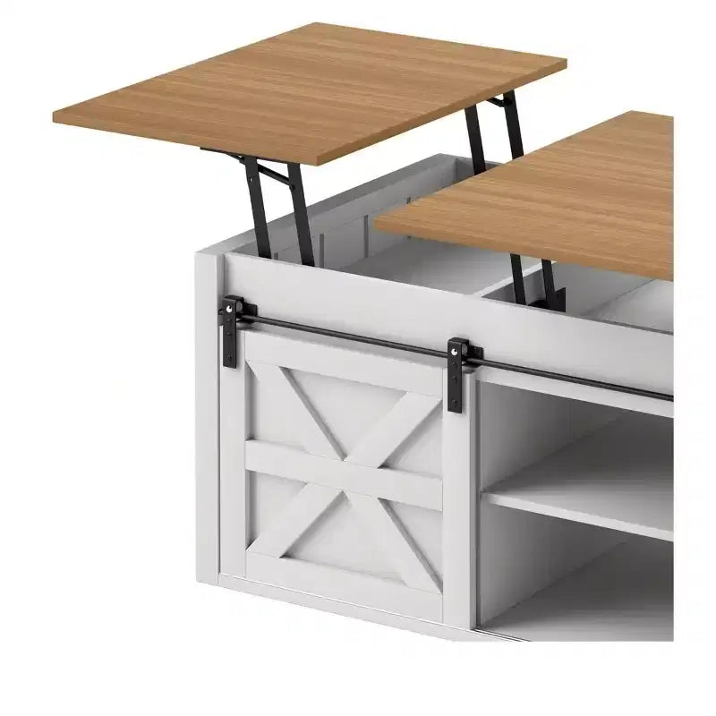 Table Basse Relevable 122 cm Style Ferme avec Porte Coulissante Gain de Place pour Salon