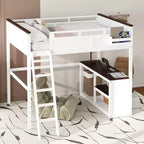 Bellemave Queen Loft Bed with Desk, Storage Shelf & USB Charging Station, Wood Loft Bed Frame with Slats & Guardrail, White