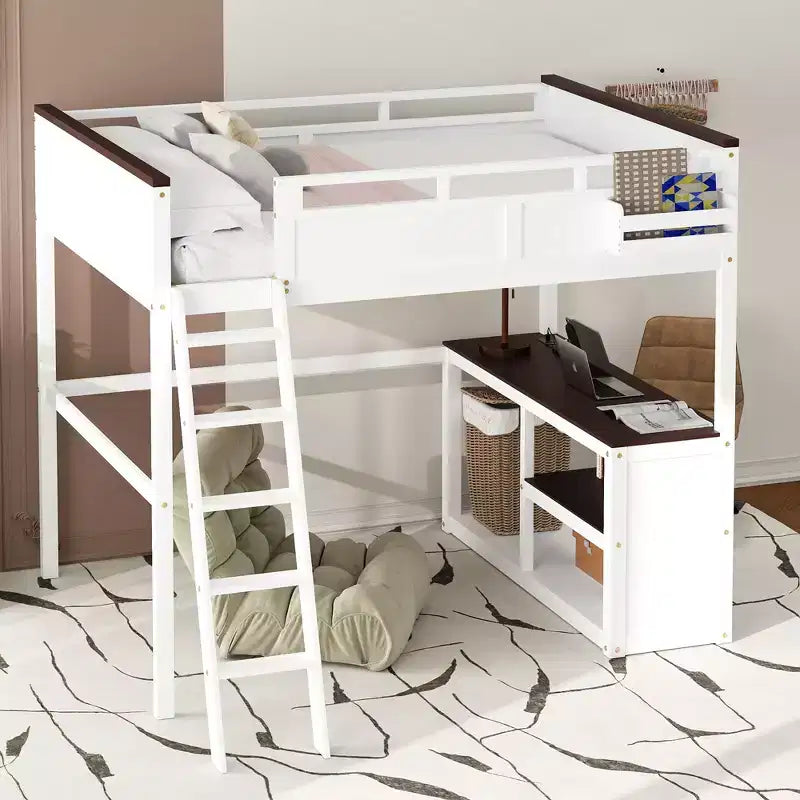 Bellemave Queen Loft Bed with Desk, Storage Shelf & USB Charging Station, Wood Loft Bed Frame with Slats & Guardrail, White