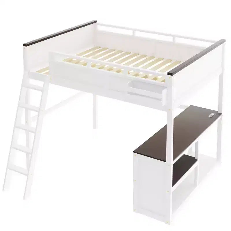 Lit mezzanine Queen avec bureau, étagère de rangement et station de recharge USB, cadre de lit mezzanine en bois avec lattes et garde-corps, blanc