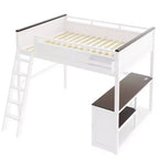 Lit mezzanine Queen avec bureau, étagère de rangement et station de recharge USB, cadre de lit mezzanine en bois avec lattes et garde-corps, blanc