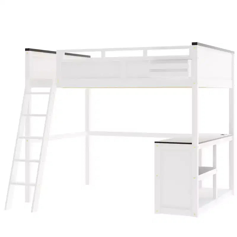 Lit mezzanine Queen avec bureau, étagère de rangement et station de recharge USB, cadre de lit mezzanine en bois avec lattes et garde-corps, blanc